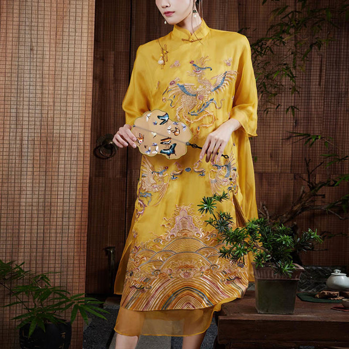 Abito in organza di seta di gelso al 100% Buddha Stones con ricamo giallo Phoenix Qipao Cheongsam