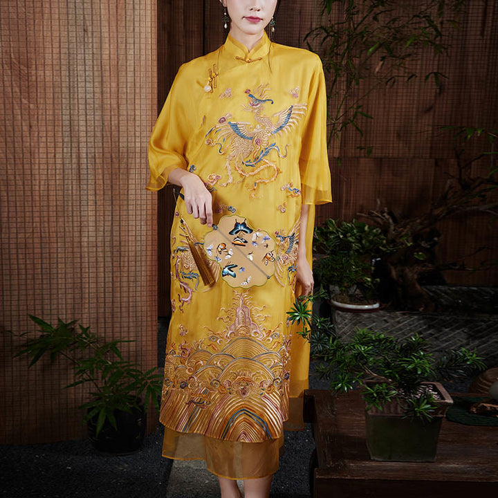 Abito in organza di seta di gelso al 100% Buddha Stones con ricamo giallo Phoenix Qipao Cheongsam