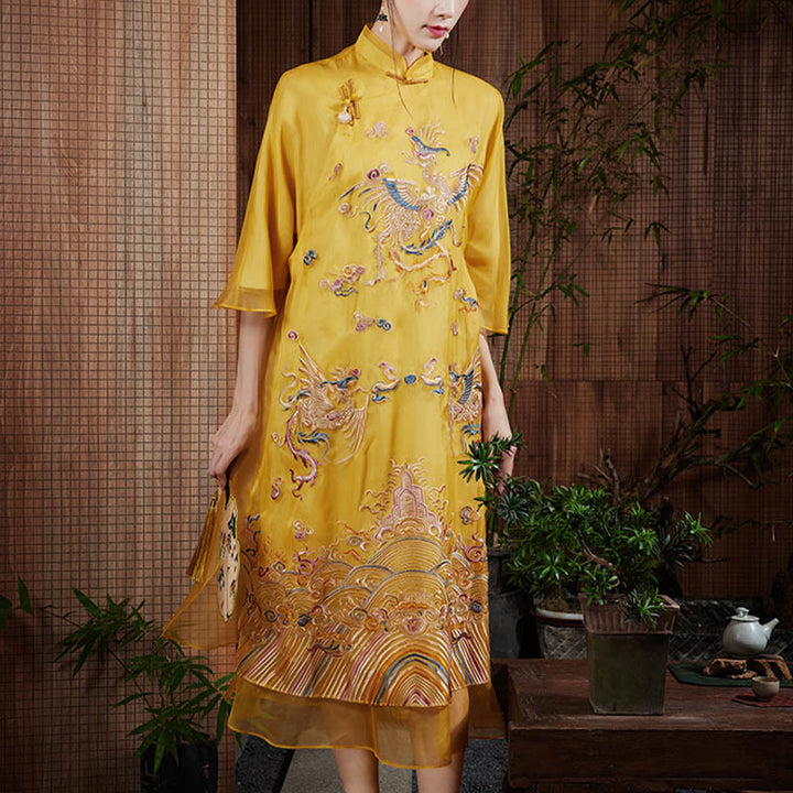 Abito in organza di seta di gelso al 100% Buddha Stones con ricamo giallo Phoenix Qipao Cheongsam