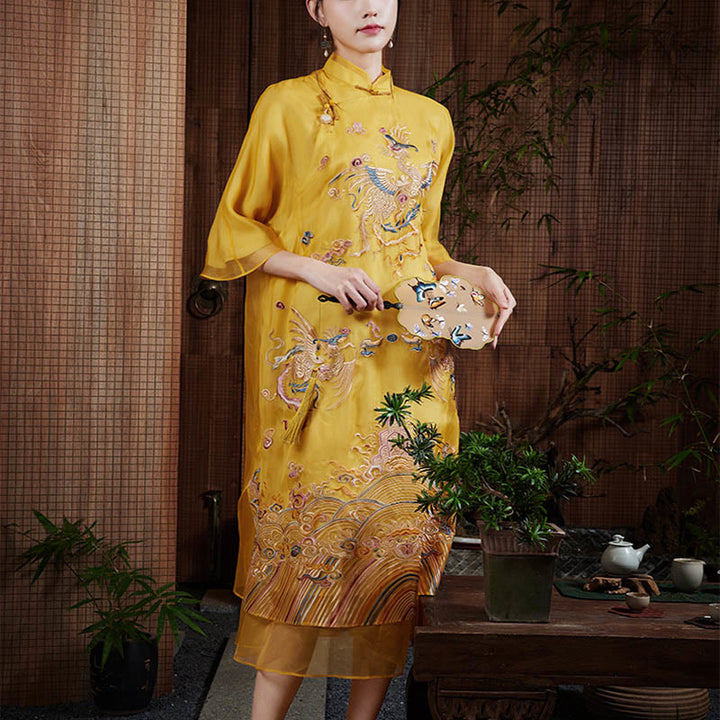 Abito in organza di seta di gelso al 100% Buddha Stones con ricamo giallo Phoenix Qipao Cheongsam