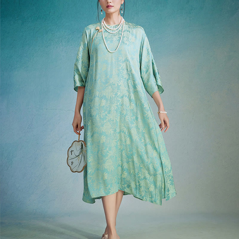 Abito midi cinese Cheongsam Qipao con tasche, piccolo fiore e foglia in jacquard, Buddha Stones