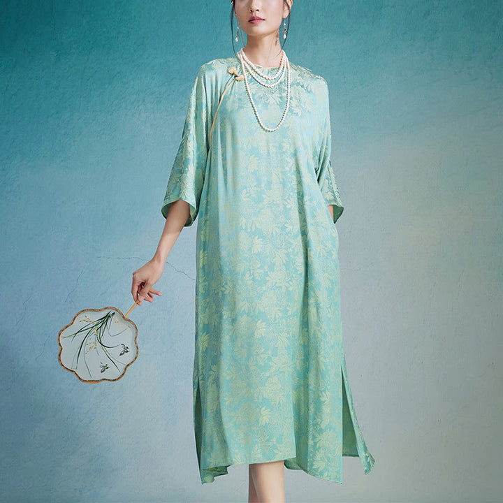 Abito midi cinese Cheongsam Qipao con tasche, piccolo fiore e foglia in jacquard, Buddha Stones