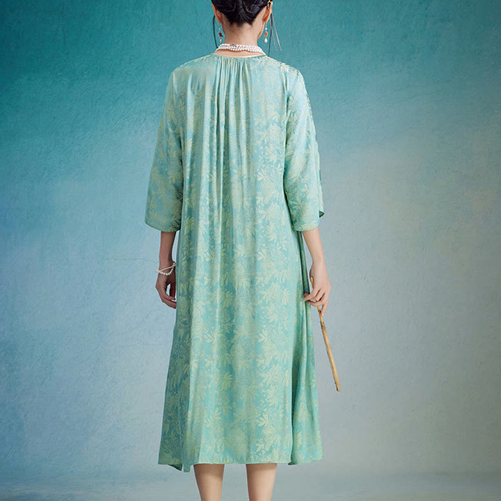 Abito midi cinese Cheongsam Qipao con tasche, piccolo fiore e foglia in jacquard, Buddha Stones