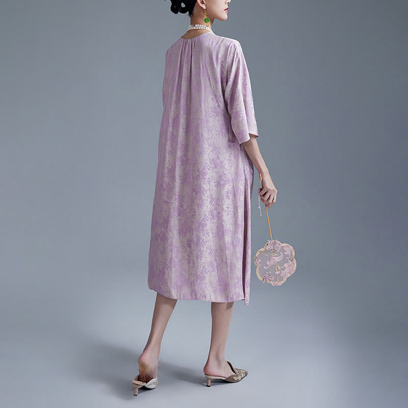 Abito midi cinese Cheongsam Qipao con tasche, piccolo fiore e foglia in jacquard, Buddha Stones