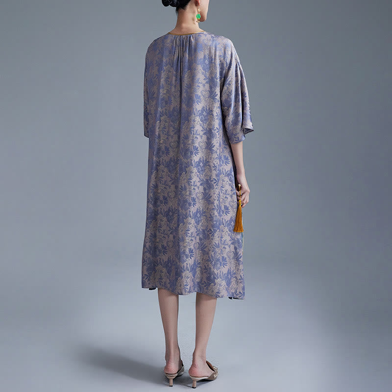 Abito midi cinese Cheongsam Qipao con tasche, piccolo fiore e foglia in jacquard, Buddha Stones