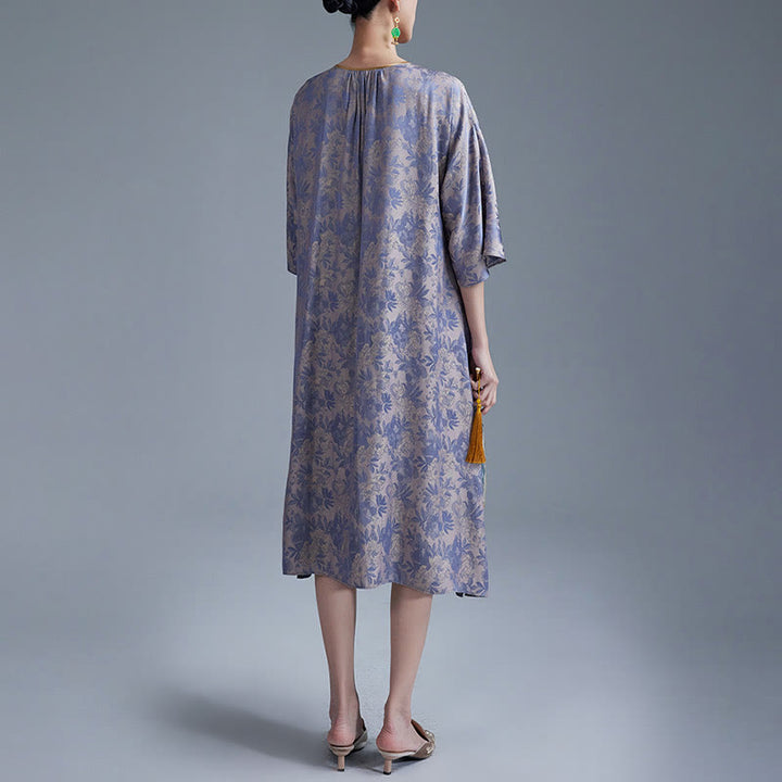 Abito midi cinese Cheongsam Qipao con tasche, piccolo fiore e foglia in jacquard, Buddha Stones