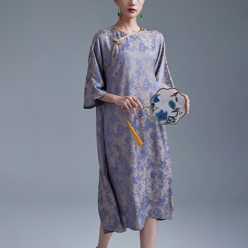 Abito midi cinese Cheongsam Qipao con tasche, piccolo fiore e foglia in jacquard, Buddha Stones