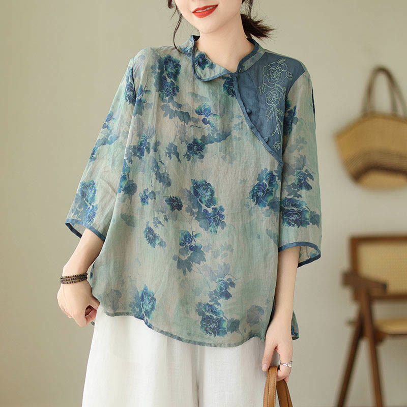 Camicia in lino ramiè con maniche a tre quarti e motivo floreale blu Jacaranda di Buddha Stones, TAGLIA COMODA - image 10