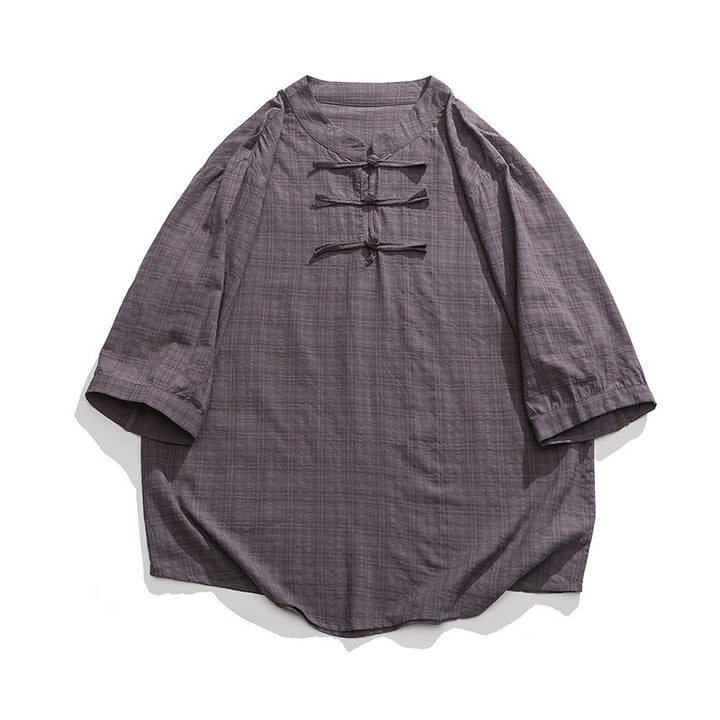 Camicia a maniche corte in cotone e lino con bottoni a Buddha Stones e motivo a quadri cinese Tang Suit, abbigliamento da uomo