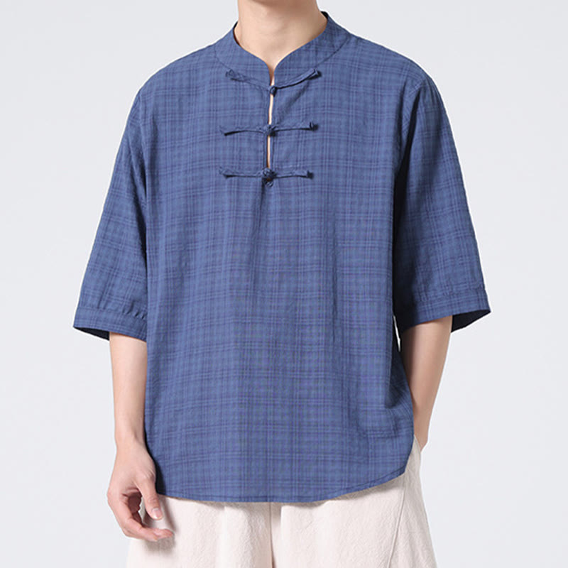 Camicia a maniche corte in cotone e lino con bottoni a Buddha Stones e motivo a quadri cinese Tang Suit, abbigliamento da uomo