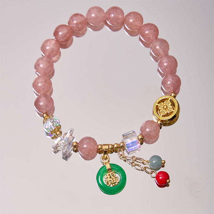 Braccialetto di guarigione con ciondolo a forma di carattere Fu in quarzo fragola e giada Buddha Stones