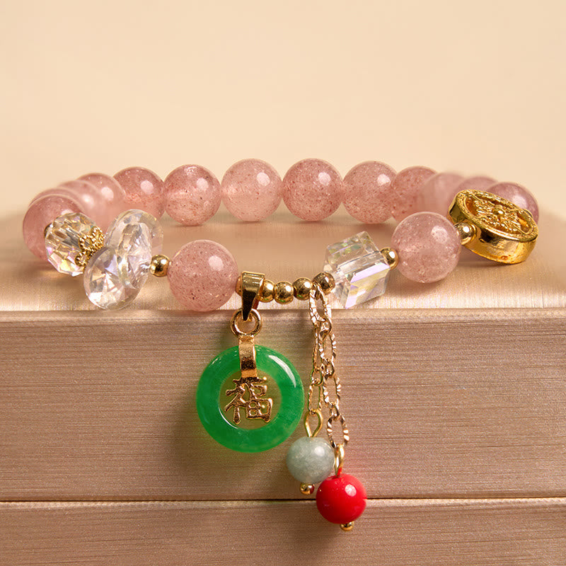 Braccialetto di guarigione con ciondolo a forma di carattere Fu in quarzo fragola e giada Buddha Stones