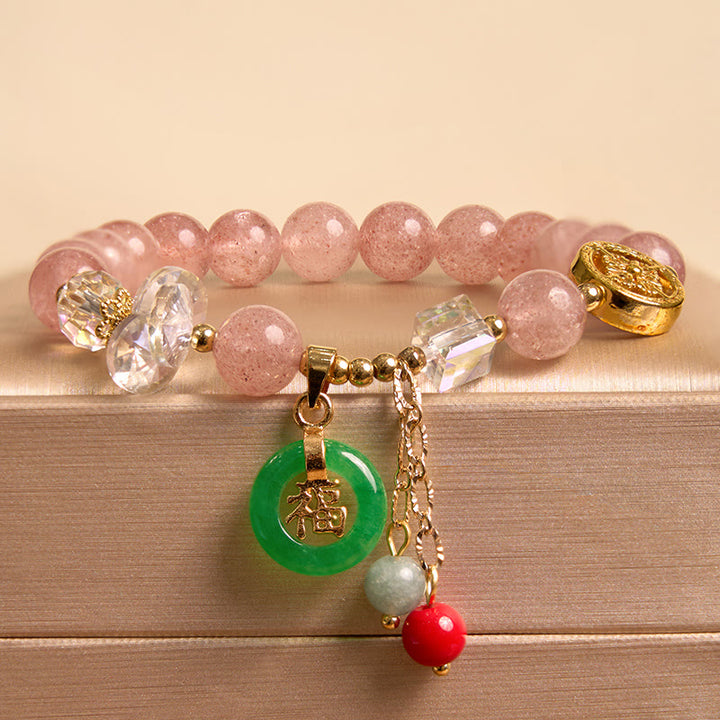 Braccialetto di guarigione con ciondolo a forma di carattere Fu in quarzo fragola e giada Buddha Stones
