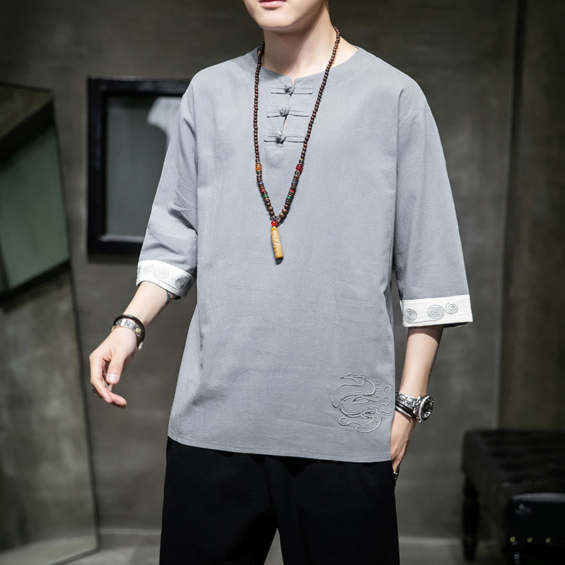 Buddha Stones Rana-Bottone Drago Ricamo Cinese Tang Suit Camicia Manica Tre Quarti Cotone Lino Abbigliamento Uomo - image 18