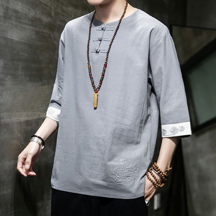 Buddha Stones Rana-Bottone Drago Ricamo Cinese Tang Suit Camicia Manica Tre Quarti Cotone Lino Abbigliamento Uomo - image 17