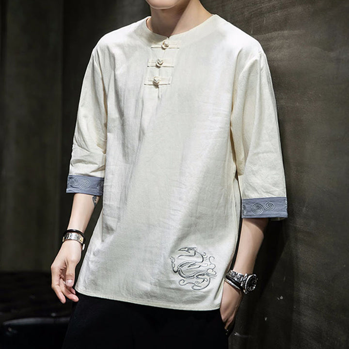 Buddha Stones Rana-Bottone Drago Ricamo Cinese Tang Suit Camicia Manica Tre Quarti Cotone Lino Abbigliamento Uomo - image 4