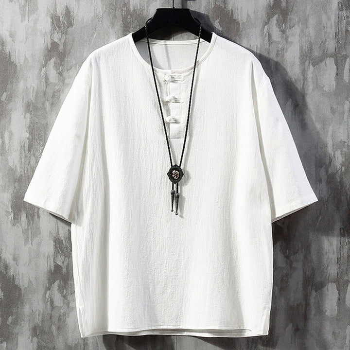 Buddha Stones Frog-Button Tinta Unita Cinese Tang Suit Mezza Manica Camicia Lino Abbigliamento Uomo - Bianco - US/UK/AU46, EU56 (5XL)  - image 2