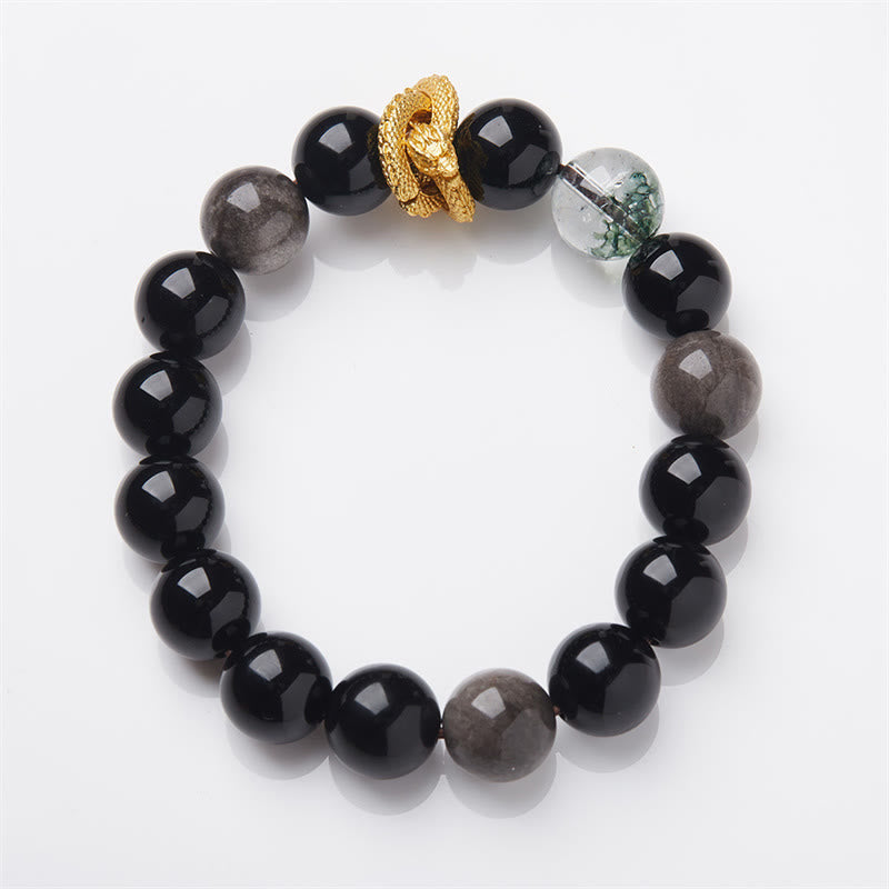 Braccialetto di protezione fantasma verde drago in ossidiana lucida argento naturale Buddha Stones