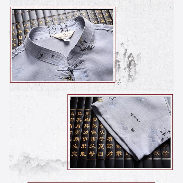 Buddha Stones Rana-Bottone Fu Carattere Drago Foglia di Bambù Cinese Tang Suit Camicia Manica Corta Lino Con Tasche - image 11