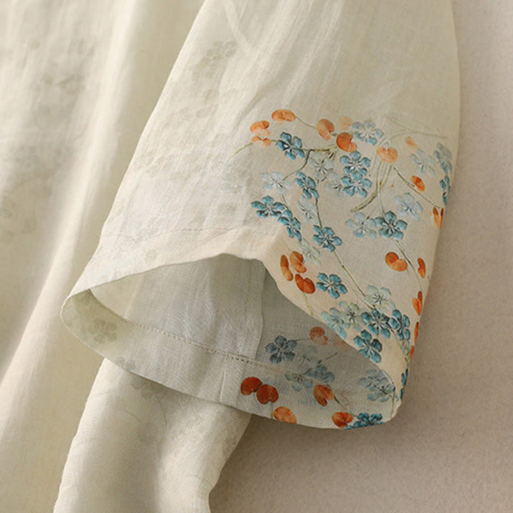 Camicia in cotone e lino con maniche a tre quarti, bottoni a rana, Buddha Stones, fiori blu, foglie arancioni - image 10