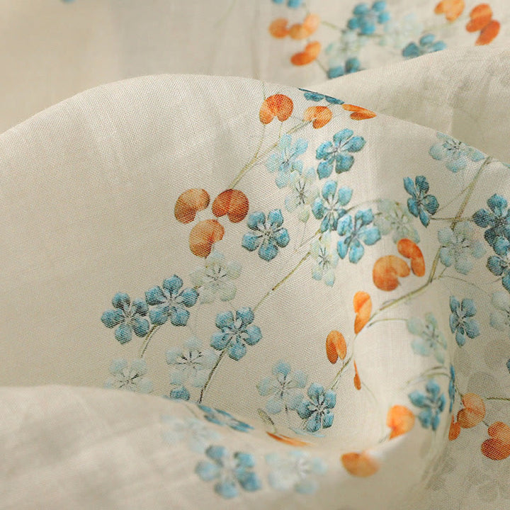 Camicia in cotone e lino con maniche a tre quarti, bottoni a rana, Buddha Stones, fiori blu, foglie arancioni - image 11