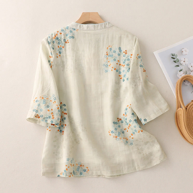 Camicia in cotone e lino con maniche a tre quarti, bottoni a rana, Buddha Stones, fiori blu, foglie arancioni - image 2