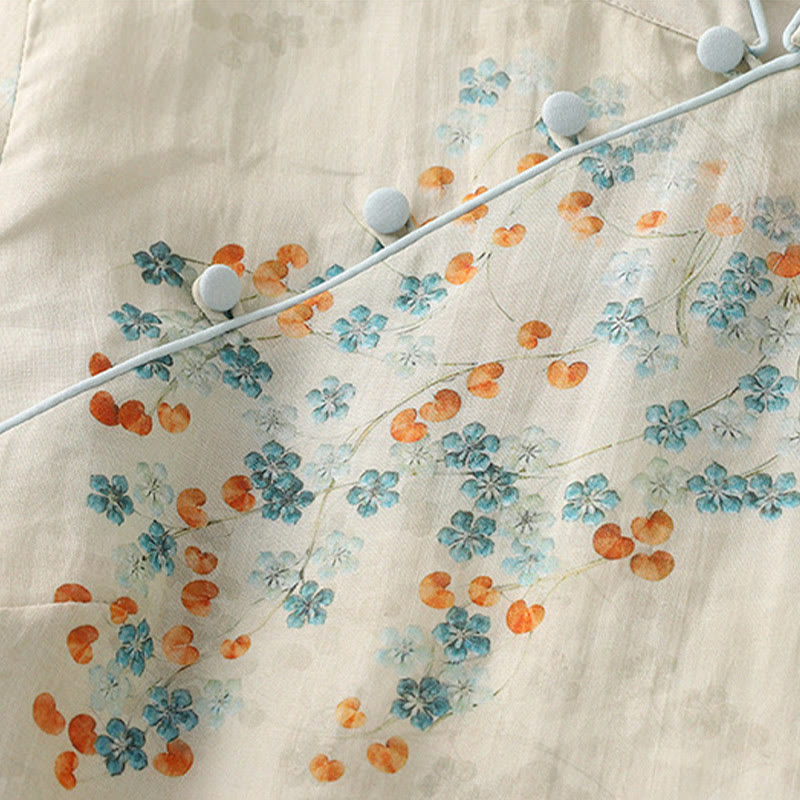 Camicia in cotone e lino con maniche a tre quarti, bottoni a rana, Buddha Stones, fiori blu, foglie arancioni - image 6