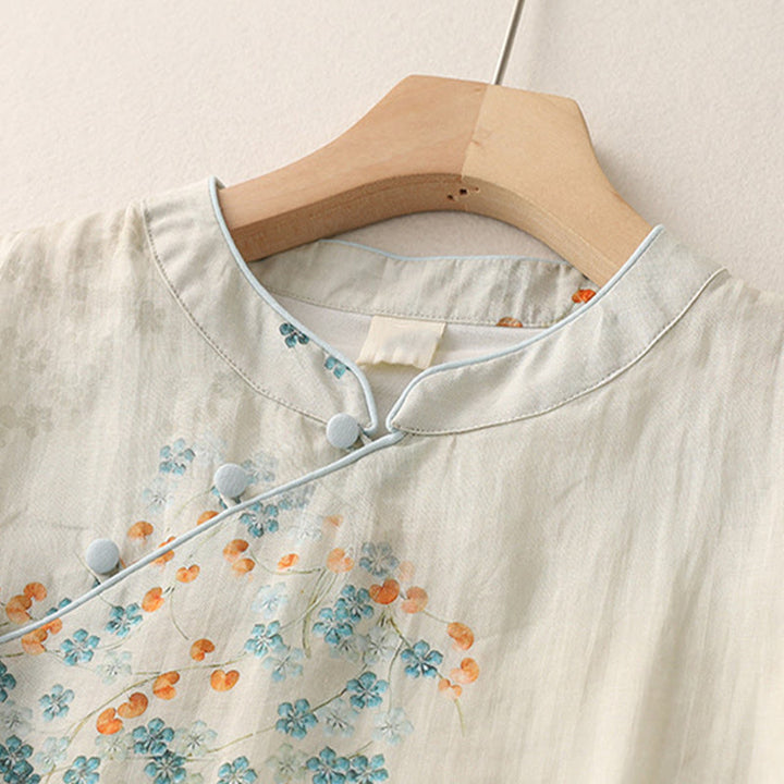 Camicia in cotone e lino con maniche a tre quarti, bottoni a rana, Buddha Stones, fiori blu, foglie arancioni - image 3