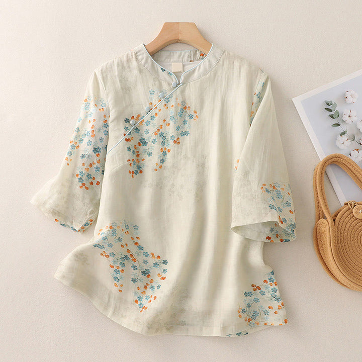 Camicia in cotone e lino con maniche a tre quarti, bottoni a rana, Buddha Stones, fiori blu, foglie arancioni - US8-10, UK/AU12-14, EU40-42 (2XL) - image 1