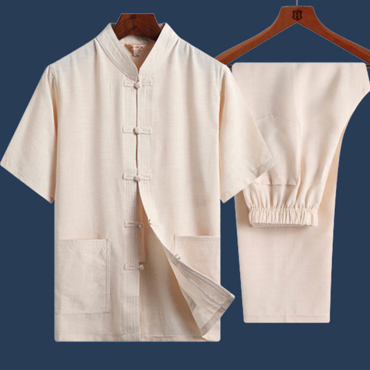 Buddha Stones 2 pezzi Rana-Pulsante Fu Carattere Drago Foglia di bambù Camicia a maniche corte Pantaloni Set da uomo