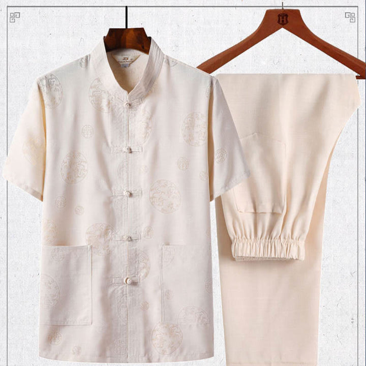 Buddha Stones 2 pezzi Rana-Pulsante Fu Carattere Drago Foglia di bambù Camicia a maniche corte Pantaloni Set da uomo