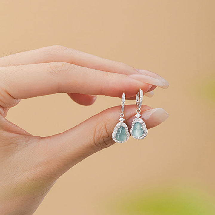 Orecchini pendenti Buddha Stones 925 Sterling Silver Green Jade Gourd Abundance