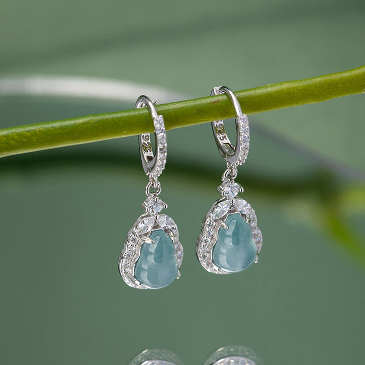 Orecchini pendenti Buddha Stones 925 Sterling Silver Green Jade Gourd Abundance