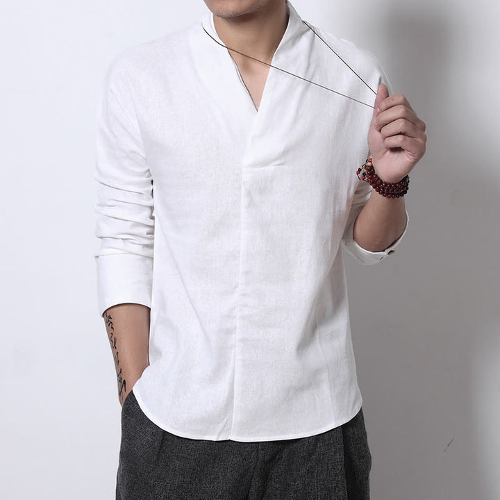 Buddha Stones Casual V-Neck Manica Lunga Camicia Lino Abbigliamento Uomo - Bianco - US/UK/AU46, EU56 (5XL) - image 3