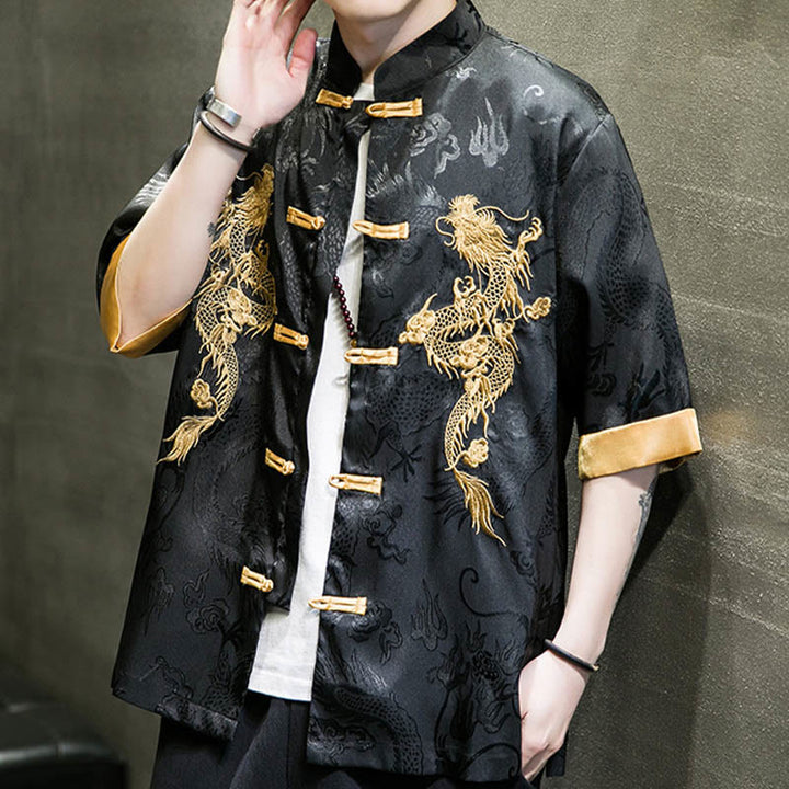 Buddha Stones Rana-Bottone Drago Cinese Ricamo Mezza Manica Camicia Lino Abbigliamento Uomo - image 7