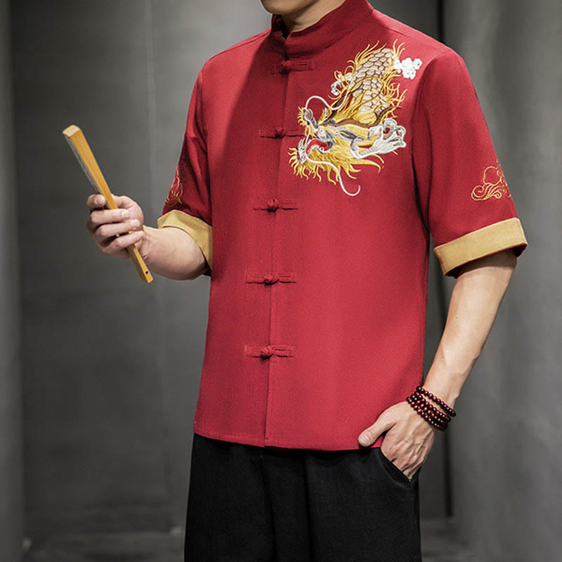 Buddha Stones Rana-Bottone Drago Cinese Nuvola di Buon Auspicio Ricamo Mezza Manica Camicia Cotone Lino Abbigliamento Uomo - image 16