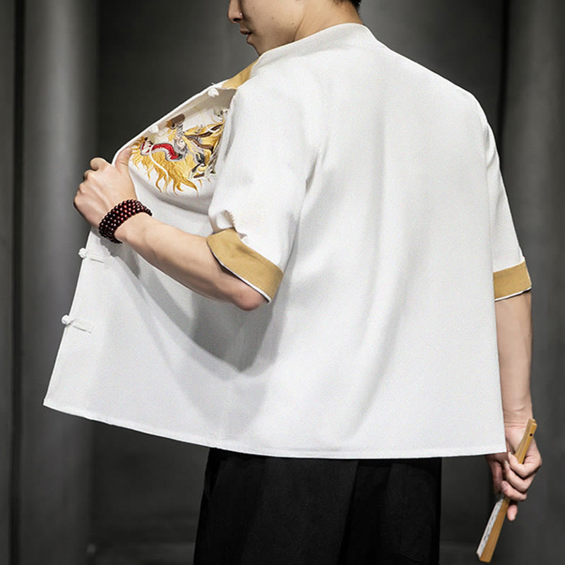 Buddha Stones Rana-Bottone Drago Cinese Nuvola di Buon Auspicio Ricamo Mezza Manica Camicia Cotone Lino Abbigliamento Uomo - image 22