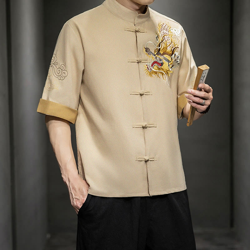 Buddha Stones Rana-Bottone Drago Cinese Nuvola di Buon Auspicio Ricamo Mezza Manica Camicia Cotone Lino Abbigliamento Uomo - image 30