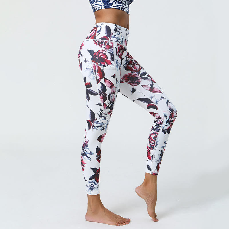 Buddha Stones Rose Lines Tiger Leopard Print Leggings sportivi a vita alta Pantaloni da yoga da donna con tasche