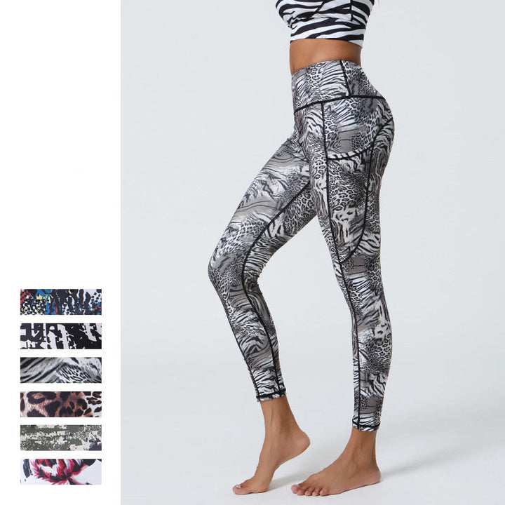Buddha Stones Rose Lines Tiger Leopard Print Leggings sportivi a vita alta Pantaloni da yoga da donna con tasche