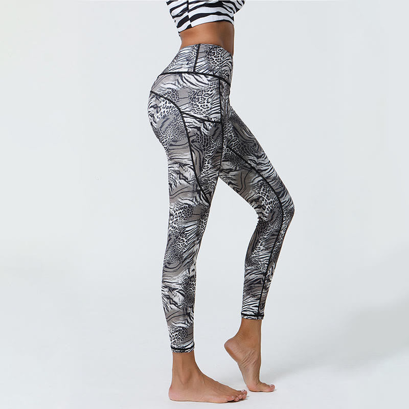 Buddha Stones Rose Lines Tiger Leopard Print Leggings sportivi a vita alta Pantaloni da yoga da donna con tasche