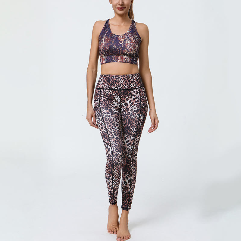 Buddha Stones Rose Lines Tiger Leopard Print Leggings sportivi a vita alta Pantaloni da yoga da donna con tasche