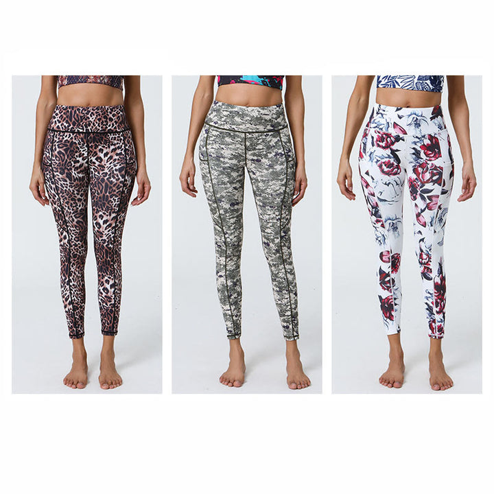 Buddha Stones Rose Lines Tiger Leopard Print Leggings sportivi a vita alta Pantaloni da yoga da donna con tasche
