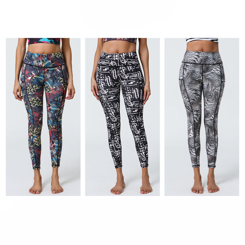 Buddha Stones Rose Lines Tiger Leopard Print Leggings sportivi a vita alta Pantaloni da yoga da donna con tasche