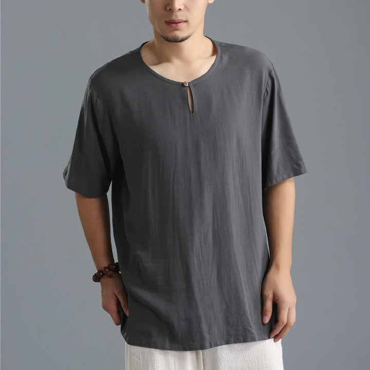 Camicia da uomo in cotone e lino a maniche corte con scollo rotondo tinta unita Buddha Stones