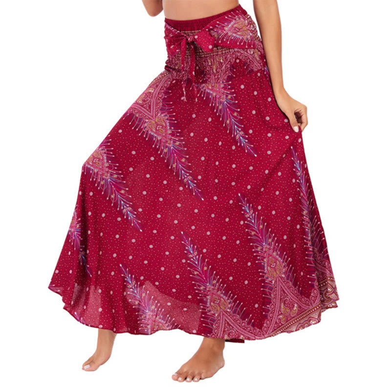 Buddha Stones Due stili indossano Boho Summer Peacock Feather Lace-up Skirt Dress - Cremisi - US4, UK/AU8,EU36-44 (F) - image 15