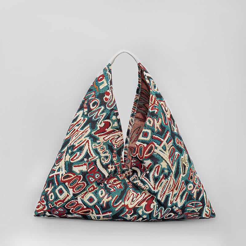 Borsa a tracolla con stampa geometrica a triangolo sotto le ascelle, motivo: Buddha Stones, fiori, lettere, farfalle