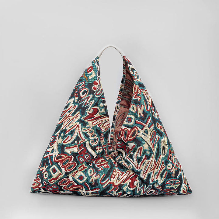 Borsa a tracolla con stampa geometrica a triangolo sotto le ascelle, motivo: Buddha Stones, fiori, lettere, farfalle