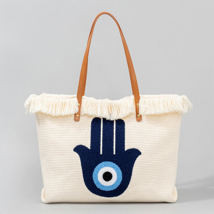 Borsa a tracolla in tela con nappa Hamsa, grande capacità, con foglie di malocchio e Buddha Stones