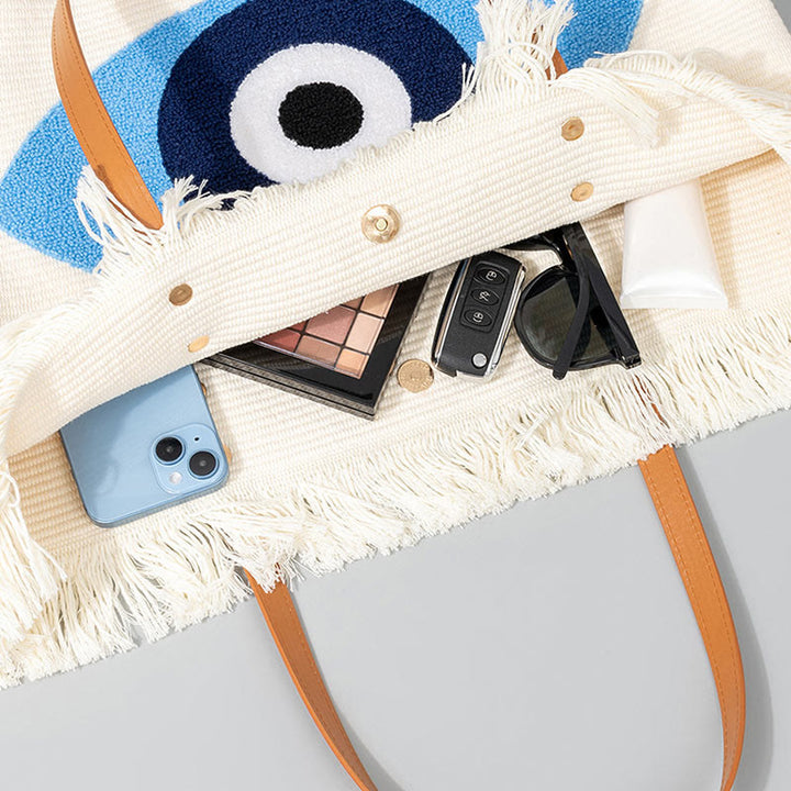 Borsa a tracolla in tela con nappa Hamsa, grande capacità, con foglie di malocchio e Buddha Stones